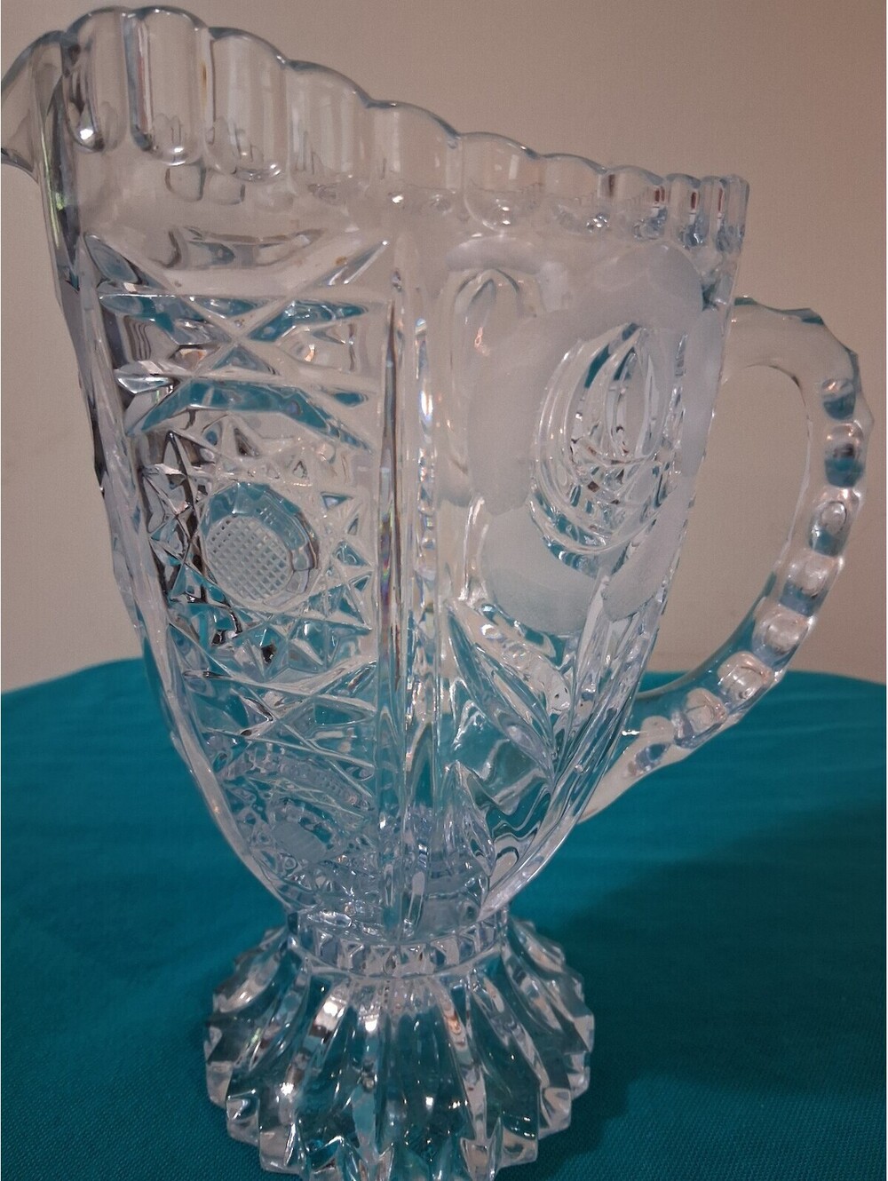 Vintage Clear Pressed Glass Pitcher with Floral and Geometric Patterns